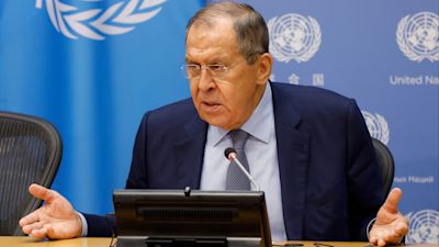Russian foreign minister Sergey Lavrov addresses a press conference at the United Nations General Assembly on Saturday.
AP