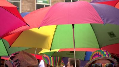 Multi-colour umbrellas for Channel islands pride celebrations.
