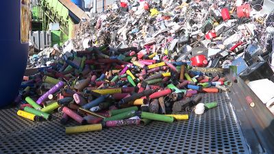 A pile of single-use vapes collected at a recycling centre