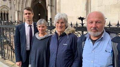 Campaigners Dr Patrick Hart, Ruth Cook, Joy Corrigan, and Stephen Jarvis, outside the Royal Courts of Justice in London, where they have received a suspended prison sentence after breaching a High Court injunction by blocking access to a petrol station during a Just Stop Oil protest.
Credit: PA