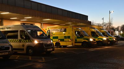 Ambulances waiting at Antrim Area Hospital amid severe pressures.