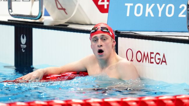 Great Britain's Stephen Clegg reacts after finishing third in the Men's 100 metres Backstroke S12 final at the Tokyo Aquatics Centre during day three of the Tokyo 2020 Paralympic Games in Japan. Picture date: Friday August 27, 2021. PA Images phot.