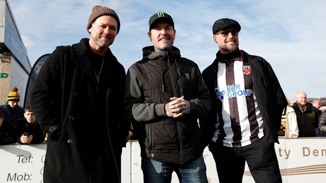 Keith Duffy and Shane Lynch of Boyzone with Brian McFadden of Westlife ahead of the Isuzu FA Trophy fifth round match at Victory Park, Chorley.