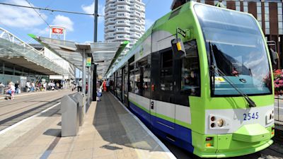 Tramlink tram stops at East Croydon station in Croydon, Surrey.