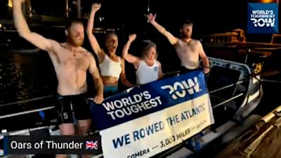 Transatlantic Rowing Incredible moment Looe rowers finish transatlantic rowing race | ITV ...