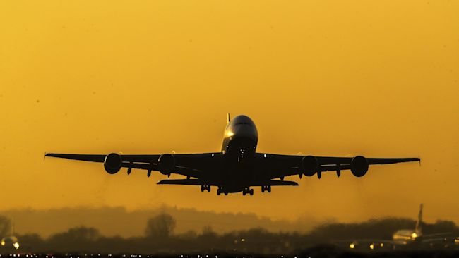 British Airways Airbus A380-841 as it takes off from Heathrow Airport