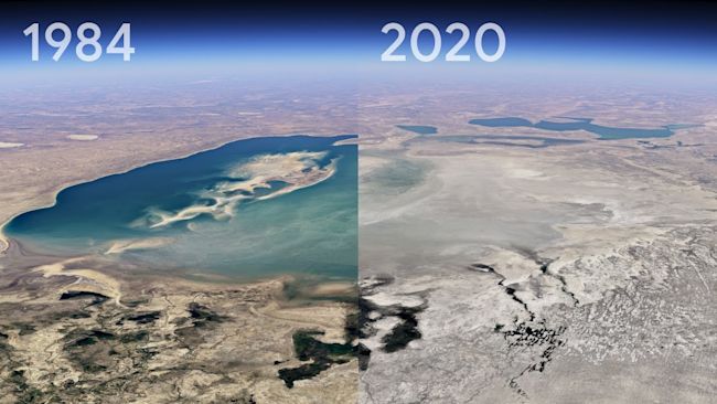 Aral Sea in Kazakhstan in 1984 and 2020.