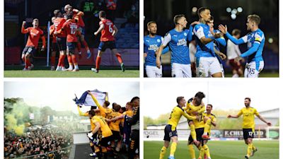 Luton Town (top left) and Peterborough United (top right) will face each other on the opening day of the Championship season, while Cambridge United (bottom left) will take on Oxford United (bottom right) in League One.