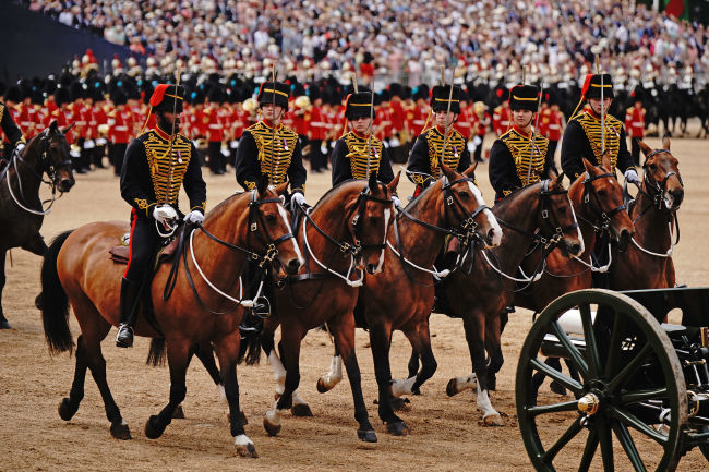 Charles presents flag to mounted cavalry ahead of first birthday parade