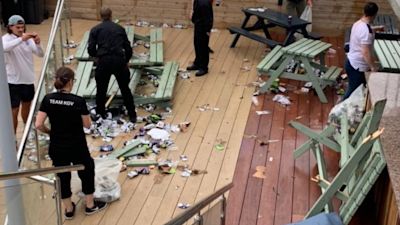 Football fans damaged the KGV in Guernsey while watching England's game against Germany.