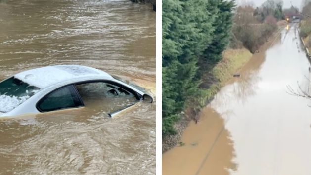 Car and train track submerged in floodwater as heavy rain causes travel ...