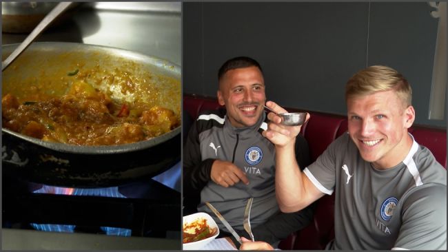Stockport County player enjoying a curry