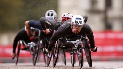 Switzerland's Marcel Hug in action during the Elite Wheelchair race during the Virgin Money London…

