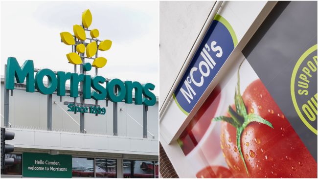 Split image. Left image: A sign for Morrisons. Right image: A sign for McColl's.