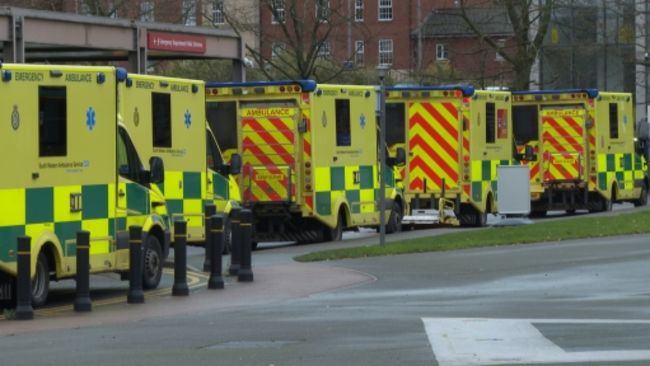 Queues of ambulances line up outside the emergency department at Gloucestershire Royal Hospital as patients wait to be treated