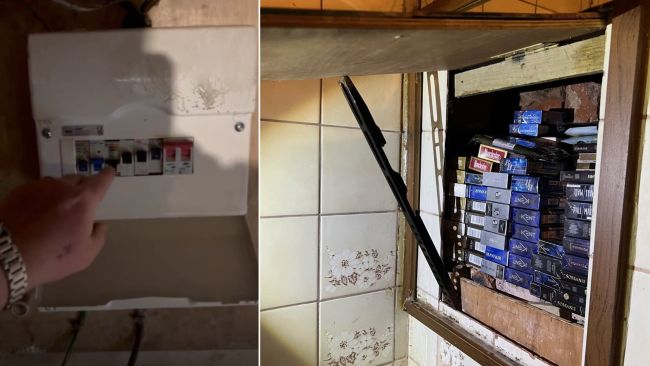 Tobacco hidden behind a false wall behind a fuseboard, discovered by police and trading standards officers in Dewsbury.