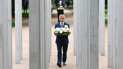 Mayor of London Sadiq Khan lays a wreath at the 7/7 Memorial, in Hyde Park, London, to mark the anniversary of the terrorist attacks in London on July 7th 2005 that killed 52 people. Picture date: Wednesday July 7, 2021.