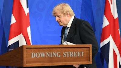 Prime Minister Boris Johnson, leaves following a media briefing in Downing Street, London, on coronavirus (Covid-19). Picture date: Monday April 5, 2021.