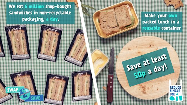 A graphic suggesting people swap from shop bought and packaged sandwiches to homemade sandwiches