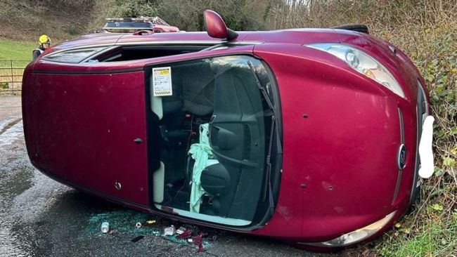 The Devon Air Ambulance was called out after a car ended up on its side with the driver trapped after crashing on icy roads. The incident happened on a country lane near Newton Abbot on Wednesday 10 January 2024.