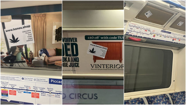 Stickers promoting the illegal online cannabis shop could be found on numerous tube lines across London.