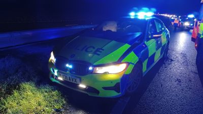 A police car involved in a deliberate collision with a stolen van on the A64 near York