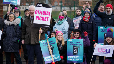 University staff on strike outside Birmingham University.