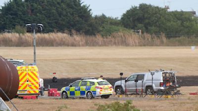 The scene at Southend Airport in Essex, where four people died when a plane crashed shortly after take off on Sunday afternoon. Picture date: Monday July 14, 2025. Credit: PA