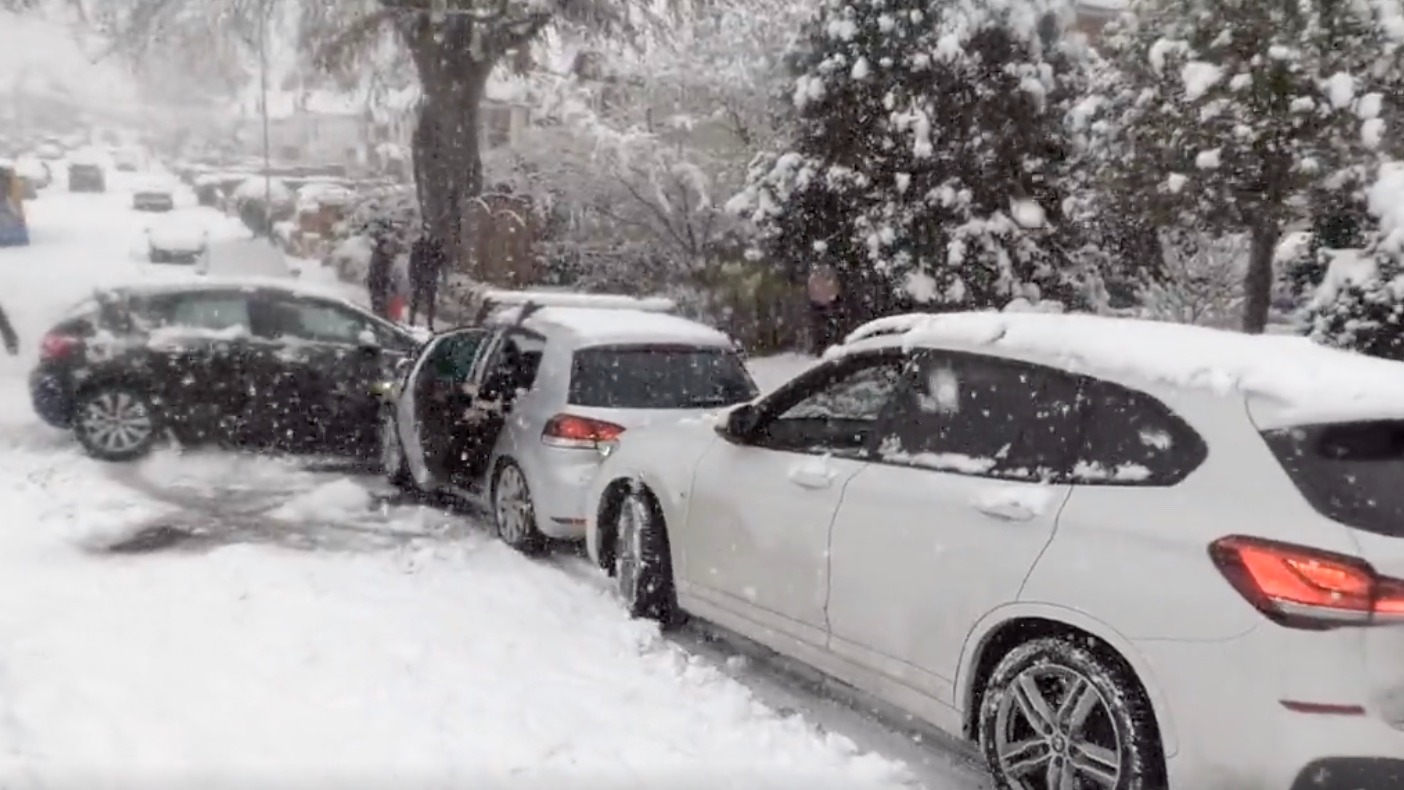 Gloucestershire snow: Viral video shows moment cars skid and crash amid
