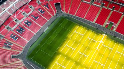 An aerial view of Wembley Stadium, London.