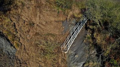Landslip on the stairs to the beech at Staithes, North Yorkshire