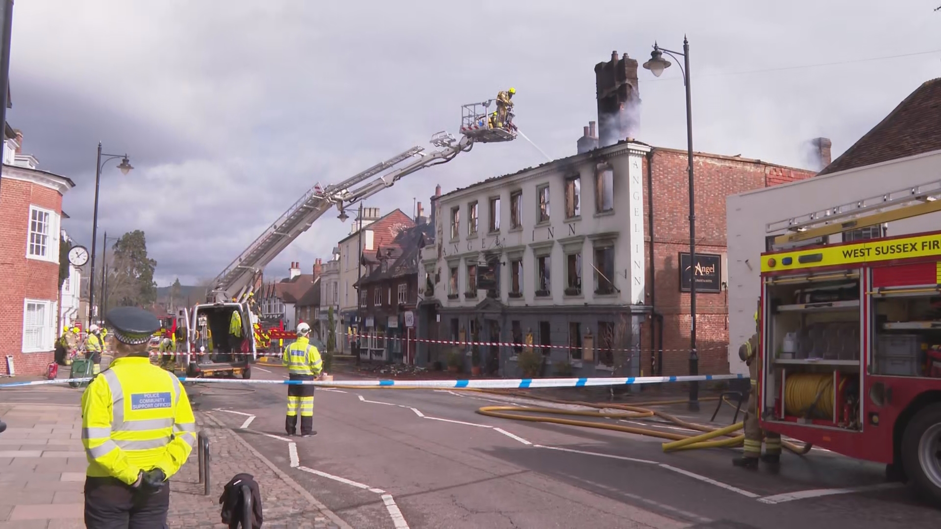 Road closed off after fire ripped through listed buildings in