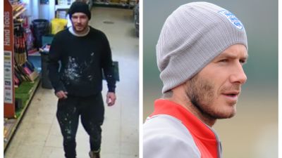 Police tweeted the CCTV image of the man (left), who some Twitter users reckoned had a likeness to England legend David Beckham (right).