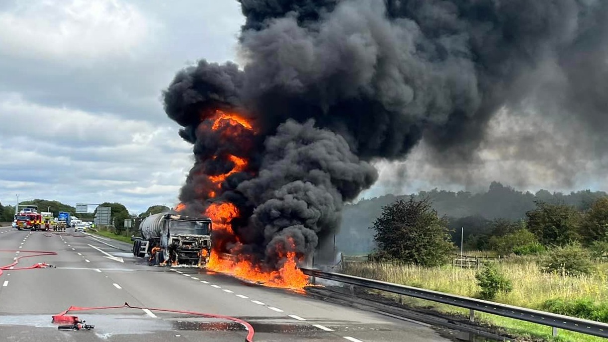 Oil tanker fire which closed the M1 motorway overnight near