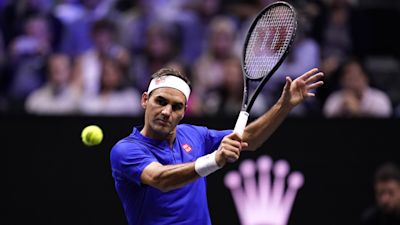 Team Europe's Roger Federer in action against Team World's Jack Sock and Frances Tiafoe on day one of the Laver Cup at the O2 Arena, London. Picture date: Friday September 23, 2022.