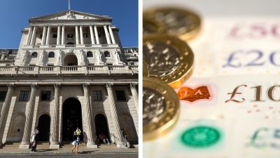 Split image of the Bank of England building and some UK cash. 