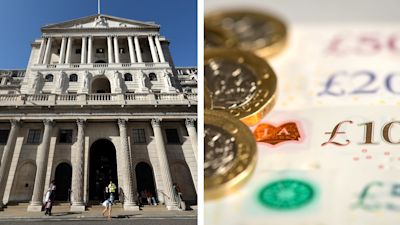Split image of the Bank of England building and some UK cash.