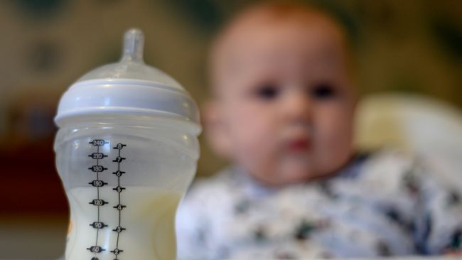 A baby staring at a bottle of formula.