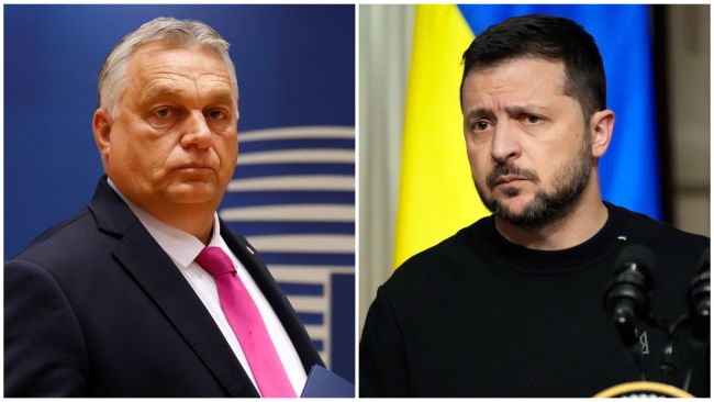 Split image. Left image: Hungary Prime Minister Viktor Orban. Right image: Ukraine President Volodymyr Zelenskyy.