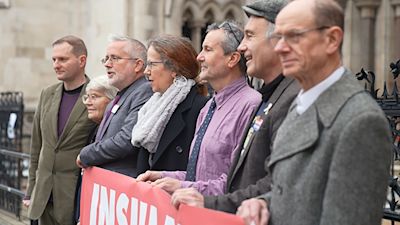 RETRANSMISSION CORRECTION ON SPELLING OF PAUL SHEEKEY TO SHEEKY BEST QUALITY AVAILABLE Screengrab taken from PA Video of Insulate Britain supporters (L to R) Paul Sheeky,Rev Sue Parfitt, Biff Whipster, Ruth Jarman, Steve Pritchard, Steve Gower, Richard Ramsde outside the High Court, central London. Picture date: Tuesday December 14, 2021. Insulate Britain protesters are to face contempt of court proceedings at the High Court in relation to civil injunctions issued to prevent their protest action.