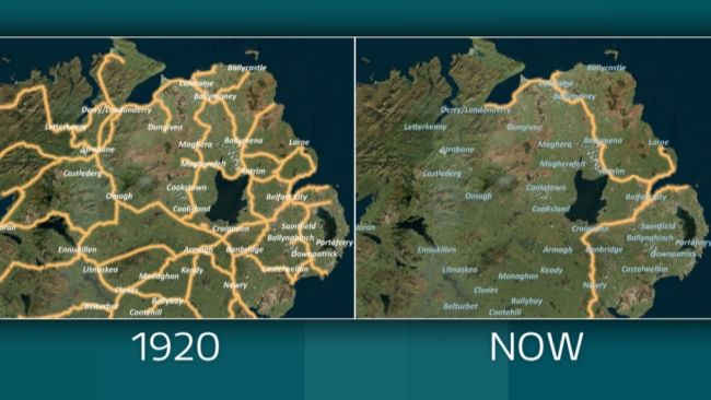 A comparison of two maps. Left highlights Northern Ireland's railway network over 100 years ago. The right shows that only a small number of tracks remain open now. Source: Irish Business and Employers Confederation (IBEC)