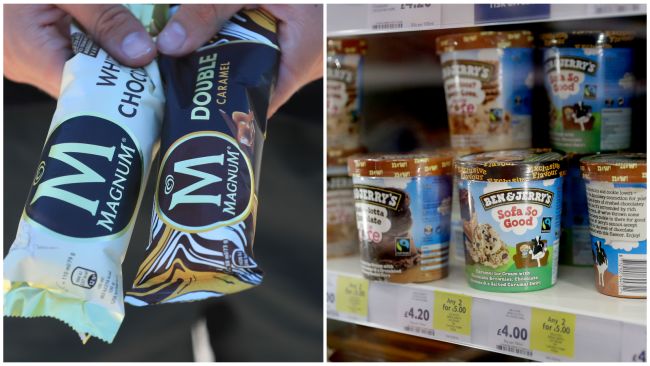 Split image. Left image: A person holding two Magnum ice creams. Right image: Pots of Ben & Jerry's ice cream for sale in a supermarket.