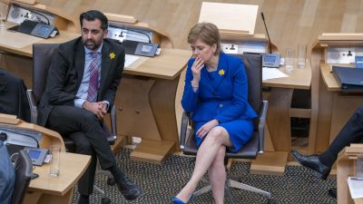 Outgoing First Minister Nicola Sturgeon alongside Minister for Health and Social Care Humza Yousaf (left) in the main chamber after her last First Minster's Questions (FMQs) in the main chamber of the Scottish Parliament in Edinburgh. Picture date: Thursday March 23, 2023.

Picture: PA Images.