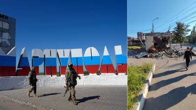 Russian soldiers walk past a repainted city name in the colours of the Russian flag (left) while a child walks through the devastated city (right).