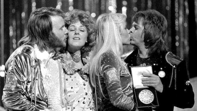 The pop group Abba congratulate each other in Brighton, after winning the Eurovision Song Contest for Sweden with "Waterloo", sung by the girls, Annifrid Lyngstad (Frida), second left, and Agnetha Faltskog (Anna). The other group members, Benny Andersson, left, and Bjorn Ulvaeus, composed the song.
PA/PA Archive/PA Images