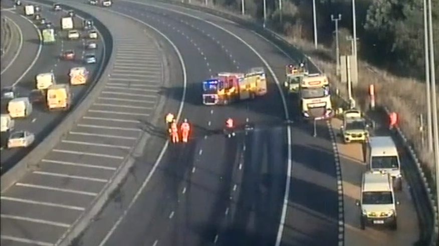 M62 closed between junction 27 and 28 westbound near Leeds after diesel ...