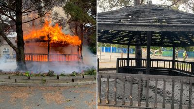 Two crews were called to the school after a fire broke out at and destroyed a wooden pavilion