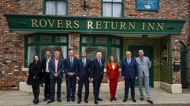 Nancy Pelosi, the Speaker of the United States House of Representatives and and Sir Lindsay Hoyle, Speaker of the House of Commons join other speakers attending the G7 Speakers� Conference during a visit to the Coronation Street set