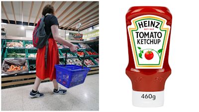 Split image. Left image: A woman shopping in a supermarket. Right image: A Heinz Tomato Ketchup bottle.