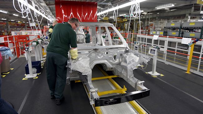 Aluminium bodied Range Rovers in production at the Jaguar Land Rover (JLR) plant Solihull.